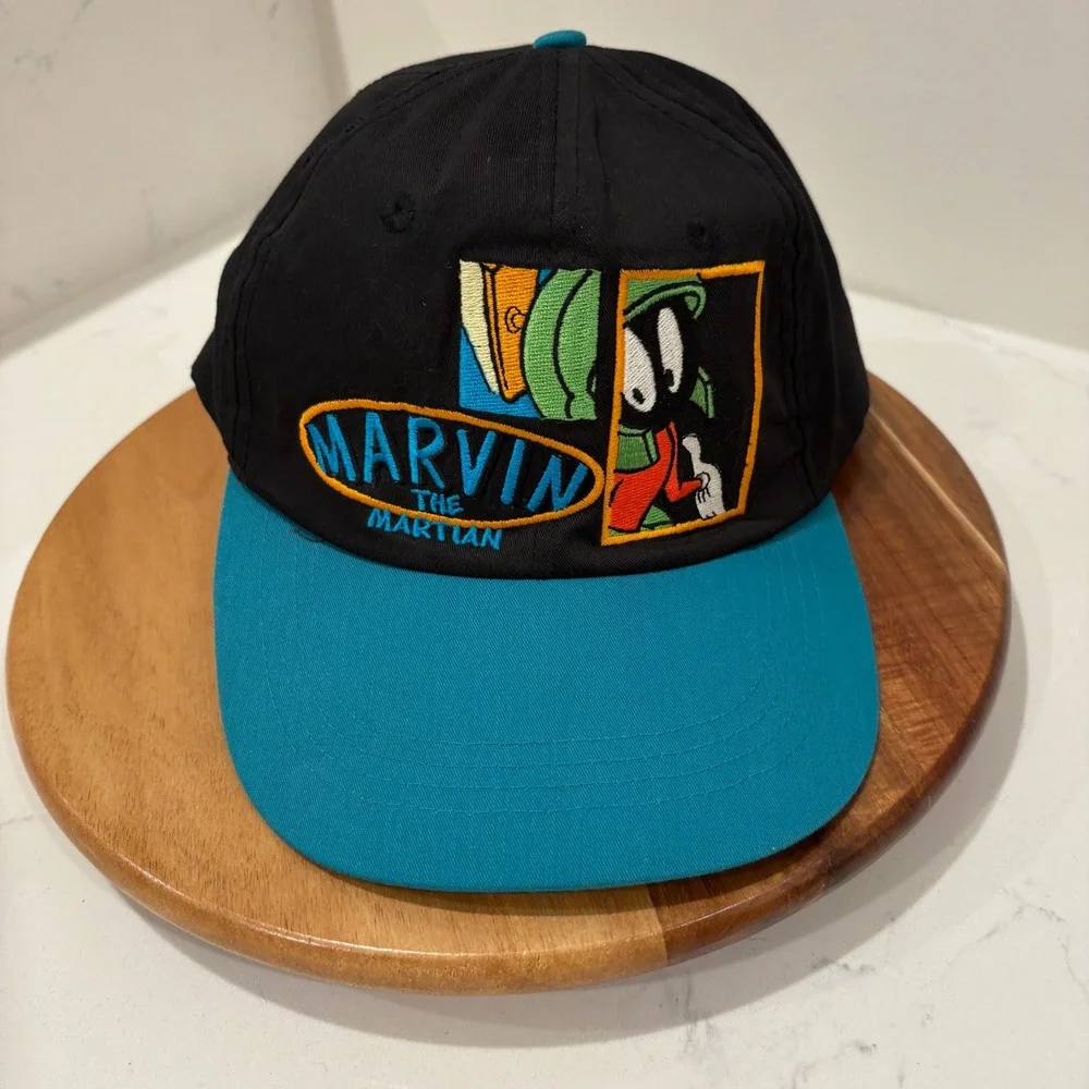 Looney Tunes Marvin the Martian Hat Men Black Teal Vintage 90s Scrunched Back